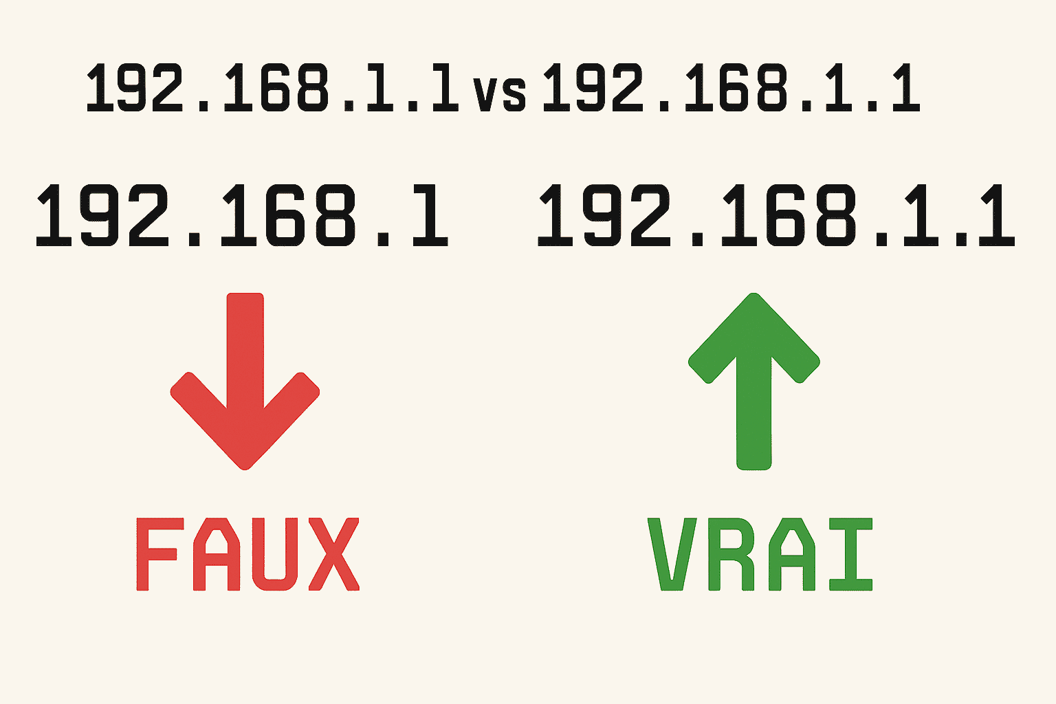 Comparatif visuel : 192.168.l.l (faux, avec lettre L) vs 192.168.1.1 (vrai, avec chiffre 1)