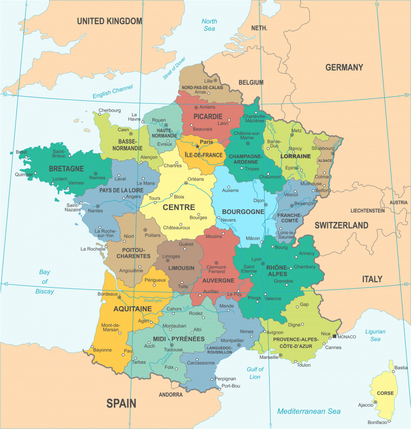 Carte de France des régions avant la réforme 2016