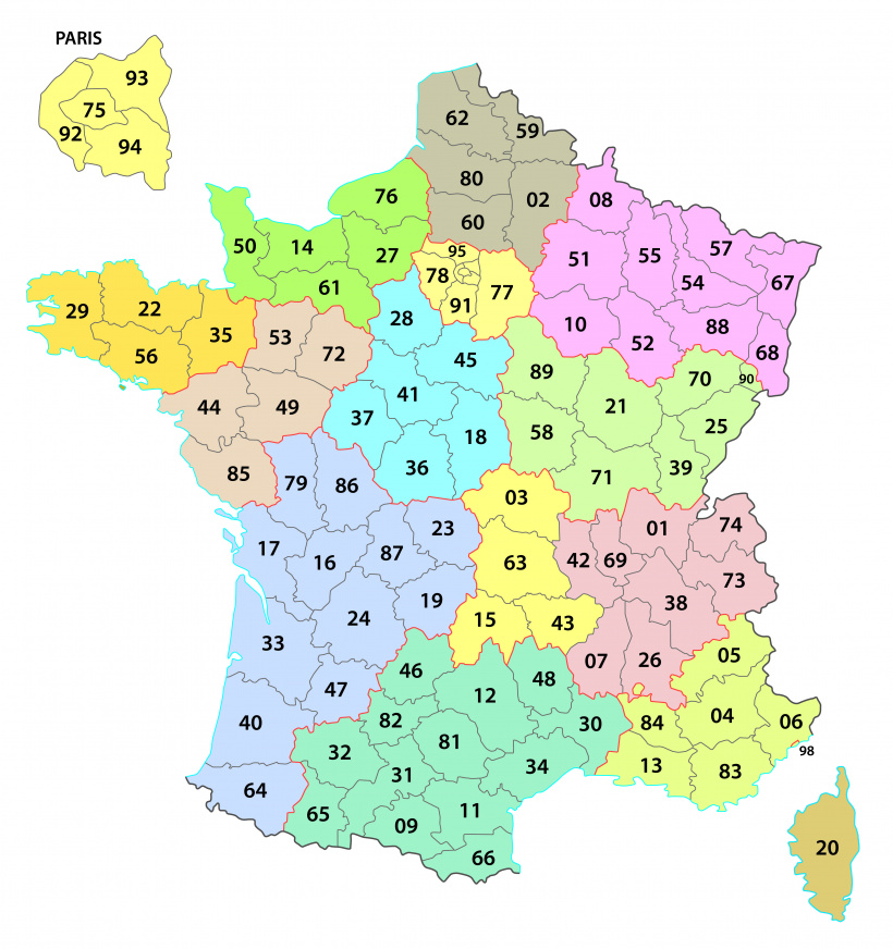Carte de France des codes postaux par régions