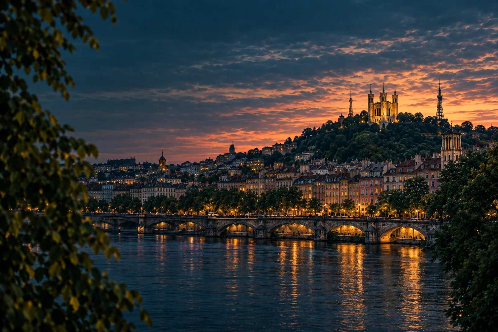 Lyon at dusk: Fourvière basilica, the Saône quays and a lit bridge