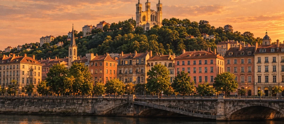 Lyon — la colline de Fourvière et les quais de Saône au coucher du soleil