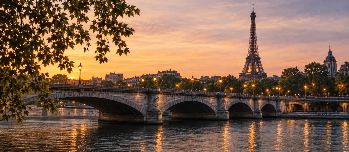 Paris — la Seine, un pont et la tour Eiffel au crépuscule