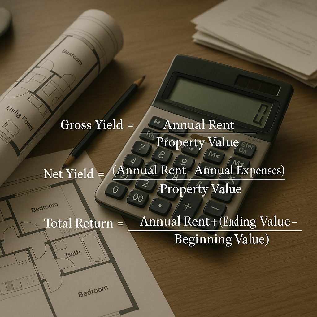 Calculatrice et plan d'appartement soulignant le calcul de la rentabilit&eacute; locative
