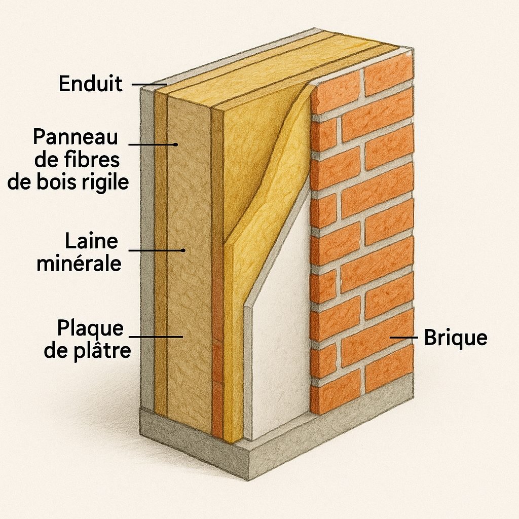 Sch&eacute;ma de coupe montrant l'isolation murale int&eacute;rieure