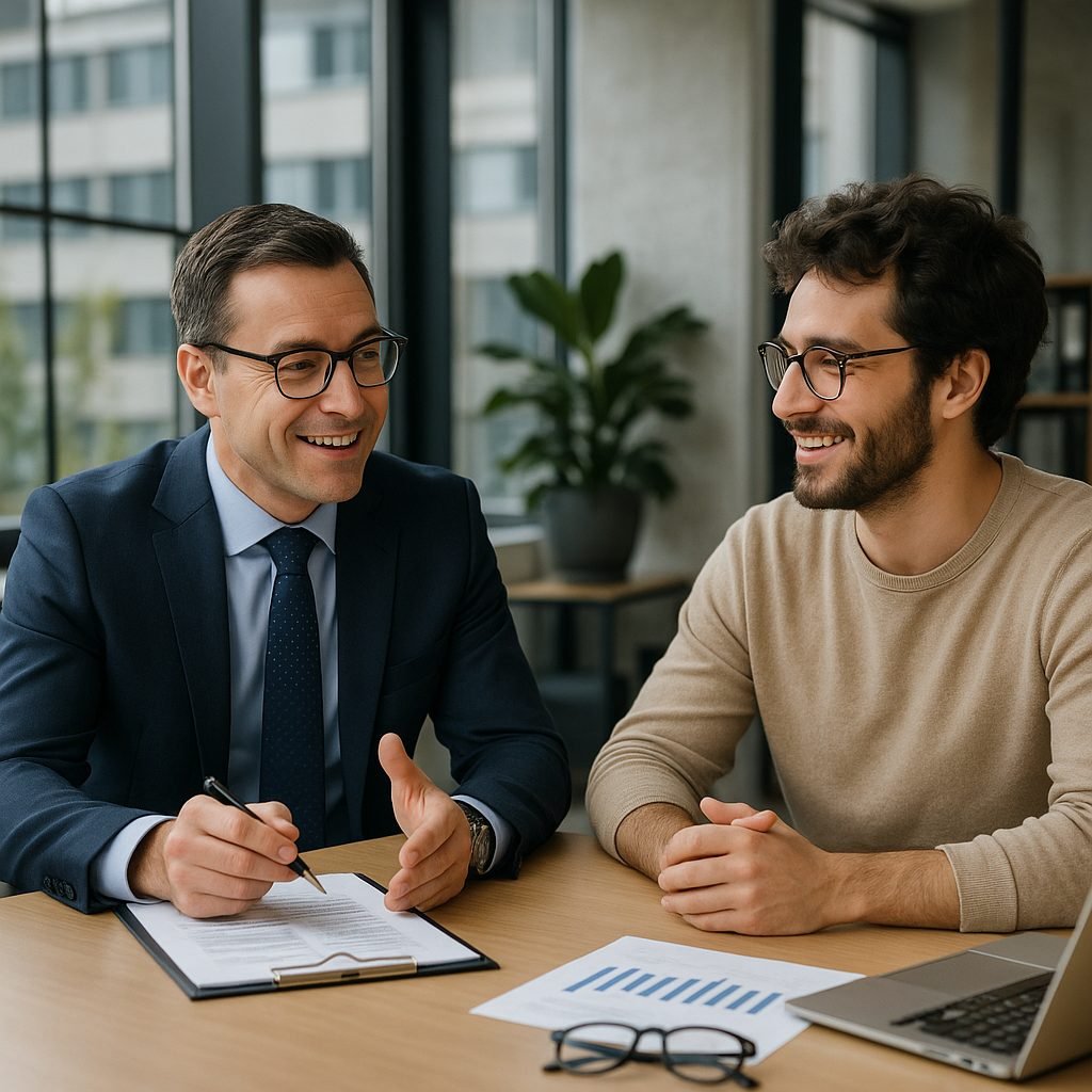 Courtier expliquant un crédit immobilier à un freelance