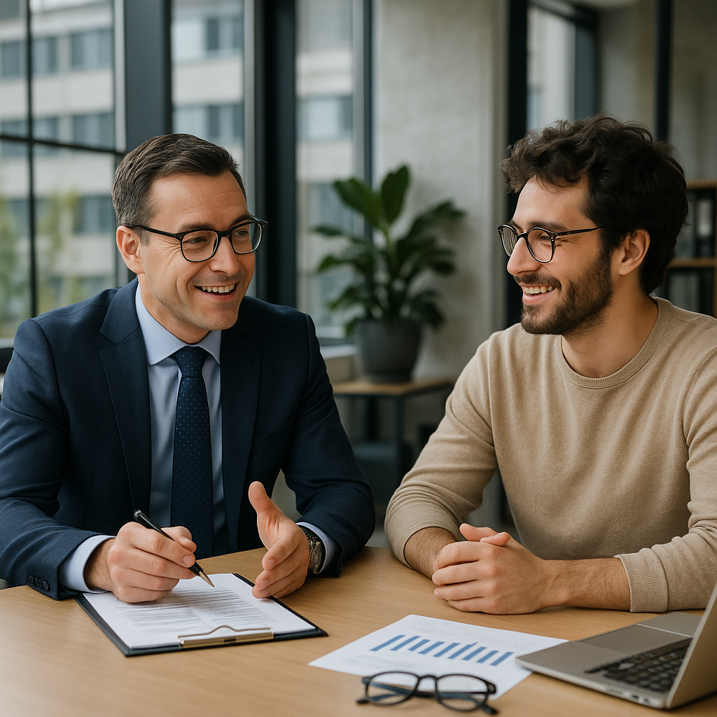 Courtier expliquant un cr&eacute;dit immobilier &agrave; un freelance