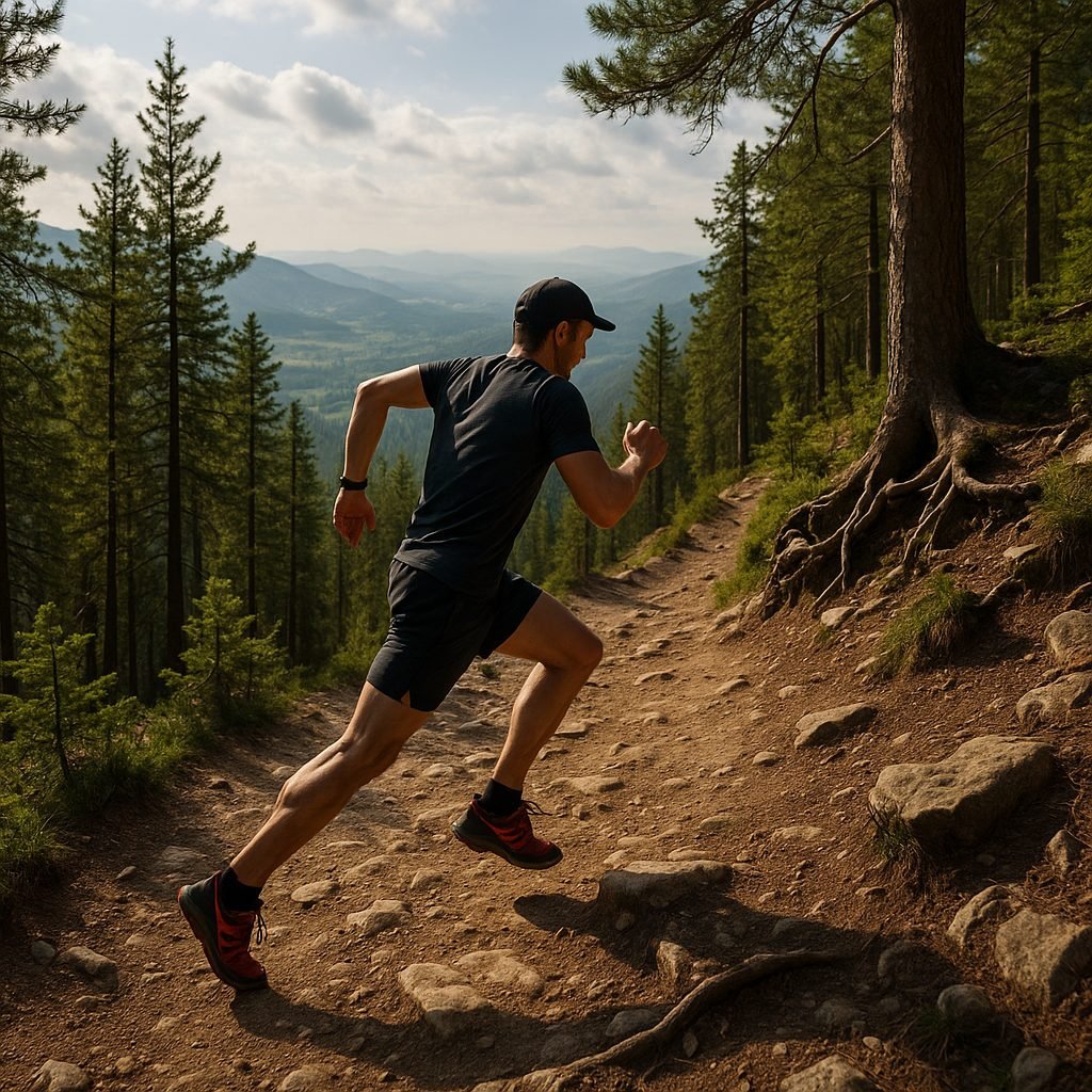 Coureur en trail montant un sentier en for&ecirc;t avec paysage en arri&egrave;re-plan