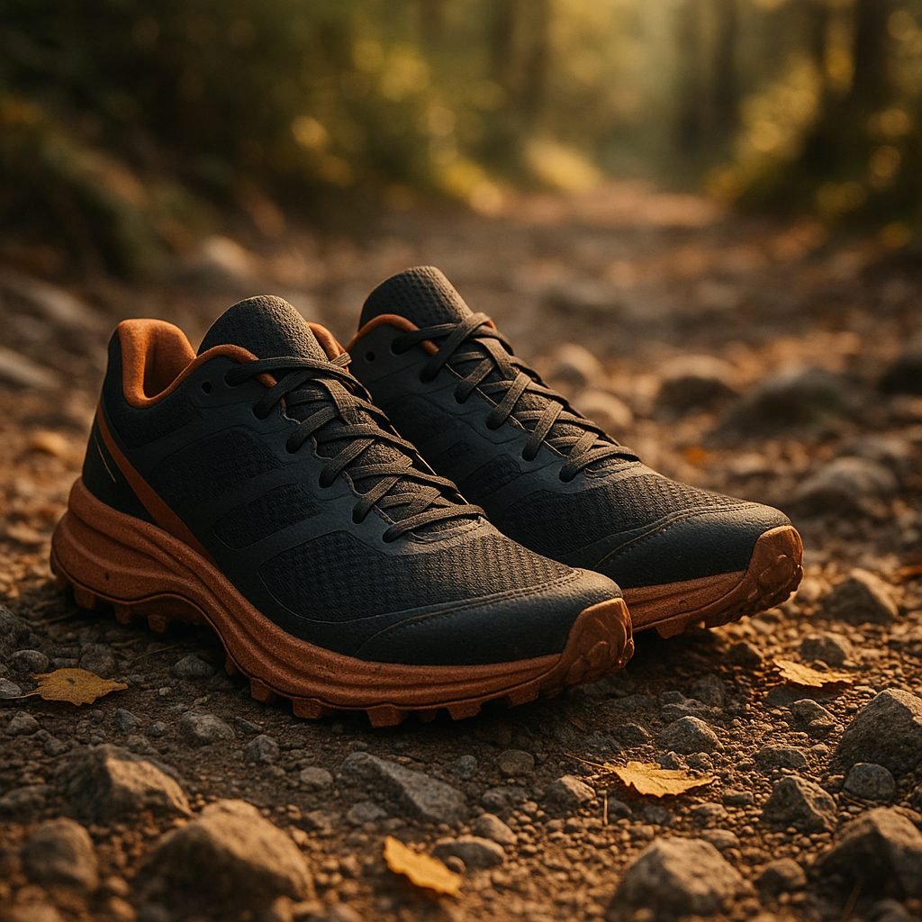Paire de chaussures de trail pos&eacute;es sur un sentier rocailleux