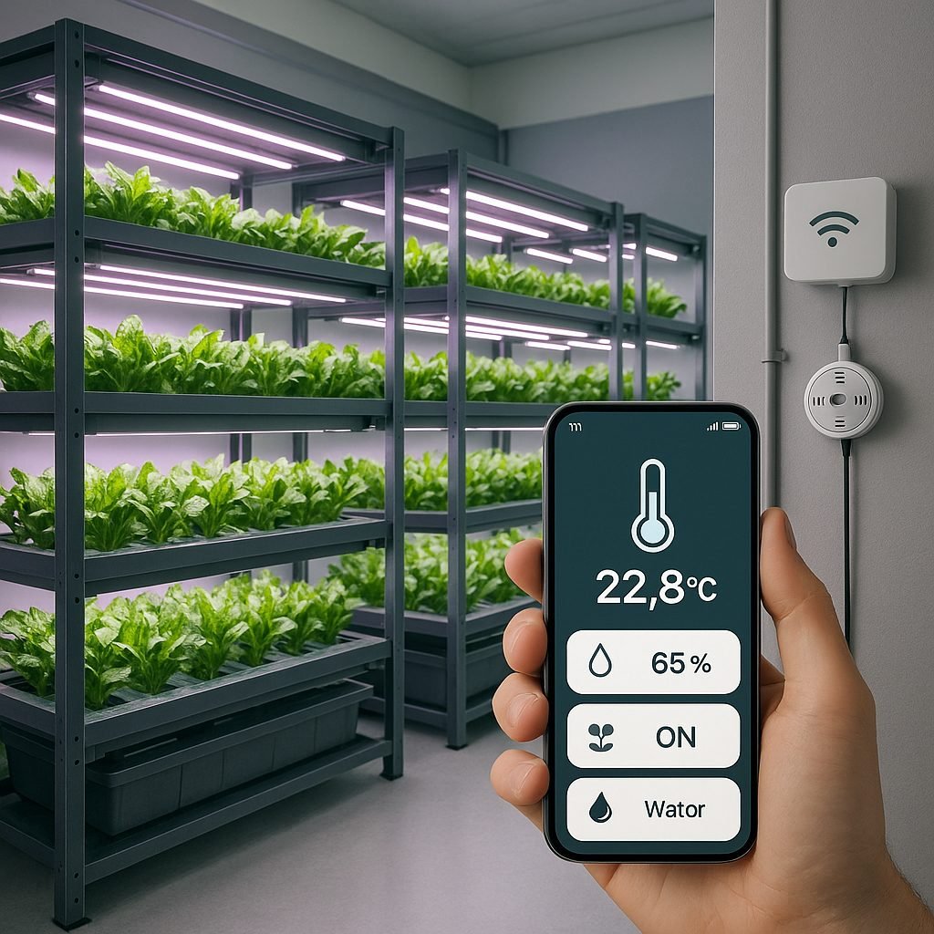 Int&eacute;rieur d&rsquo;une ferme connect&eacute;e avec racks hydroponiques et capteurs