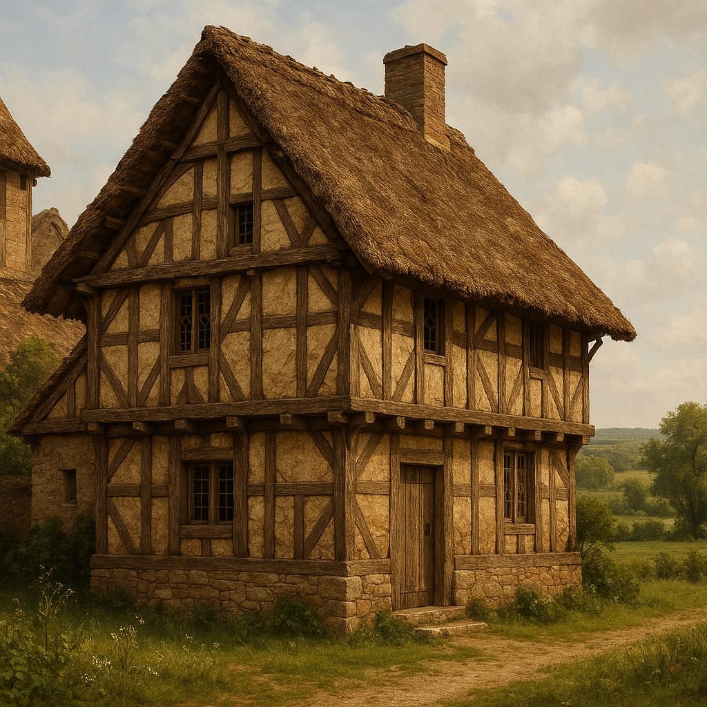 Ferme m&eacute;di&eacute;vale &agrave; colombages dans un paysage champ&ecirc;tre