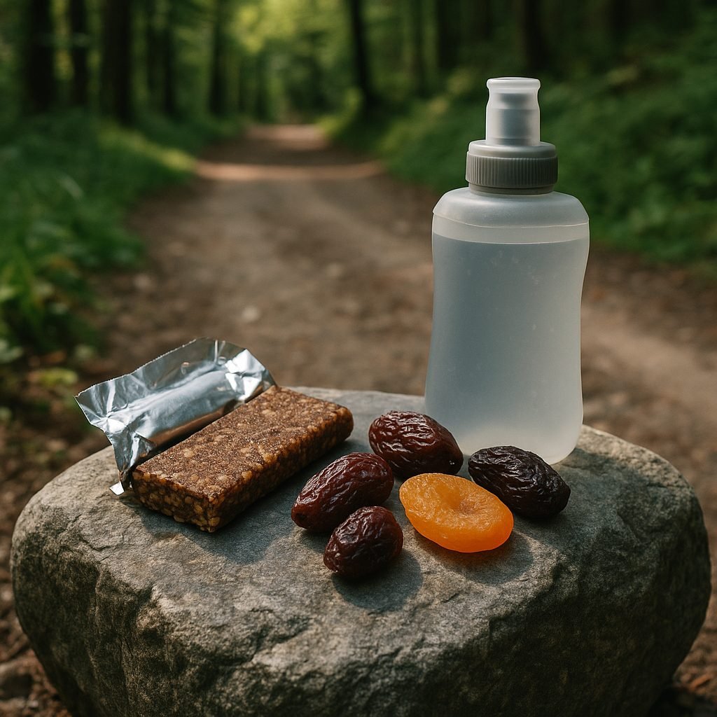 Pause nutrition sur un sentier : gourde, barre &eacute;nerg&eacute;tique et fruits secs pos&eacute;s sur une roche
