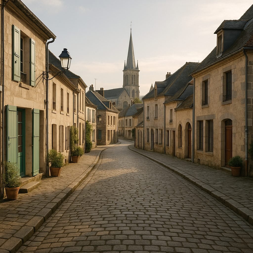 Vue panoramique d'une petite ville française en 2025