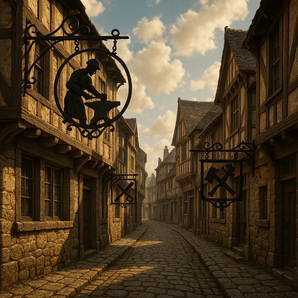 Ancienne rue des artisans avec enseignes de forgerons et menuisiers
