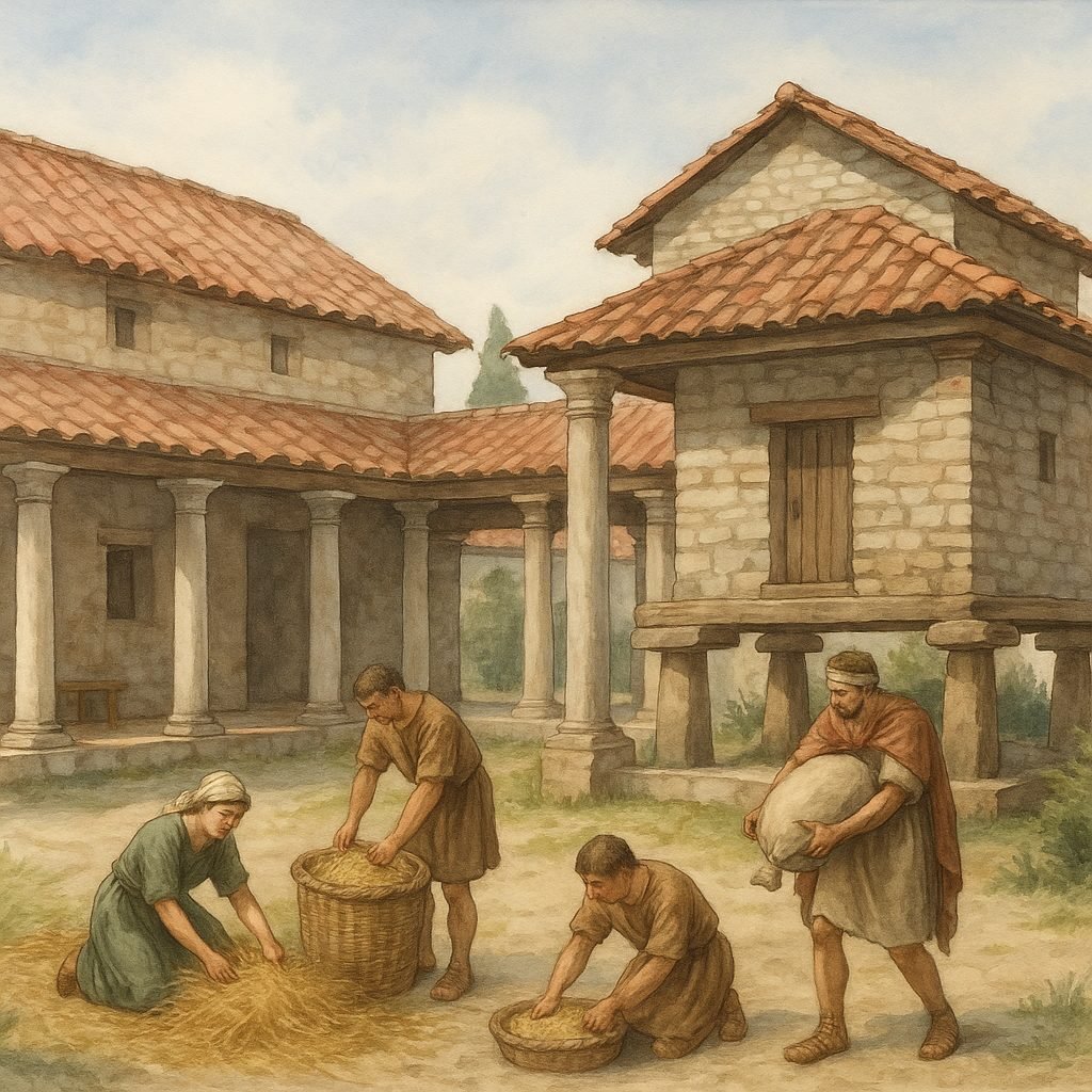 Repr&eacute;sentation d&rsquo;une villa gallo-romaine avec murs en pierre et colonnes