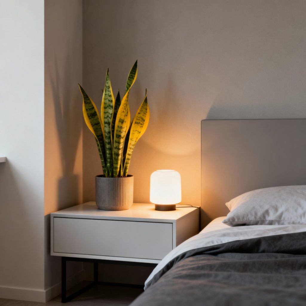 La Sansevieria (langue de belle-mère) dans une chambre moderne, plante idéale pour la production d'oxygène nocturne