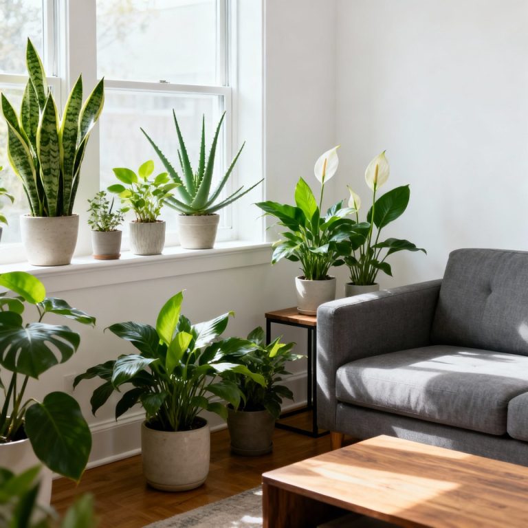 Diverses plantes dépolluantes arrangées dans un salon moderne, créant un environnement sain et esthétique