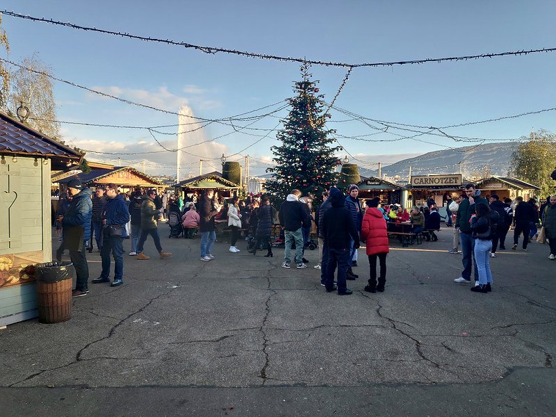 Holzhütten und großer Tannenbaum im Herzen des Weihnachtsmarktes von Genf Noël au Quai