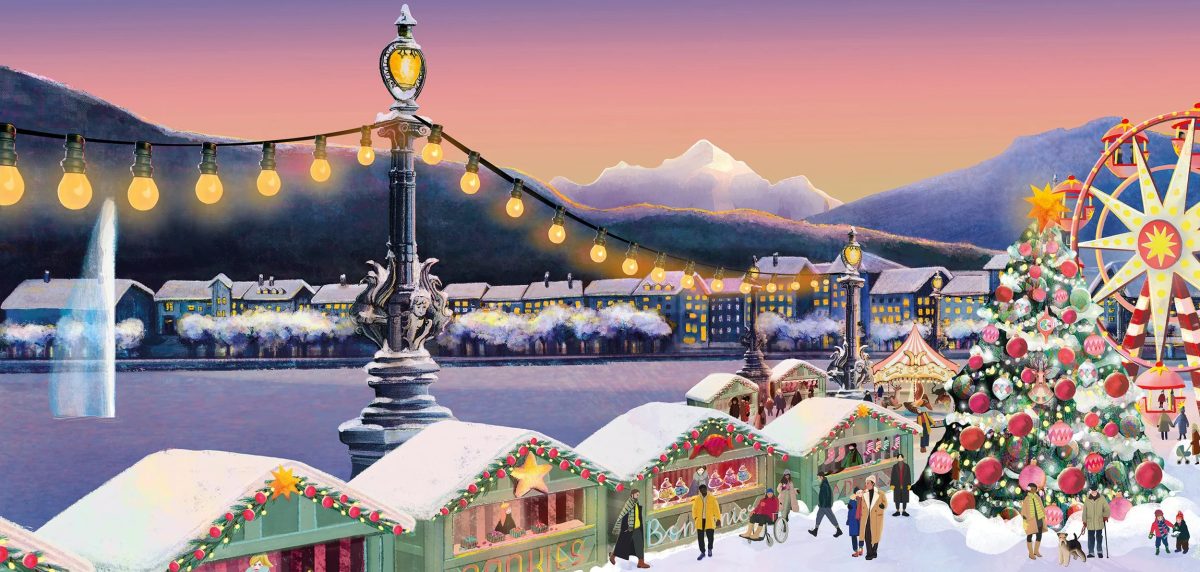 Offizielle Illustration von Weihnachten am Quai in Genf mit Chalets, Riesenrad und riesigem Weihnachtsbaum am Seeufer