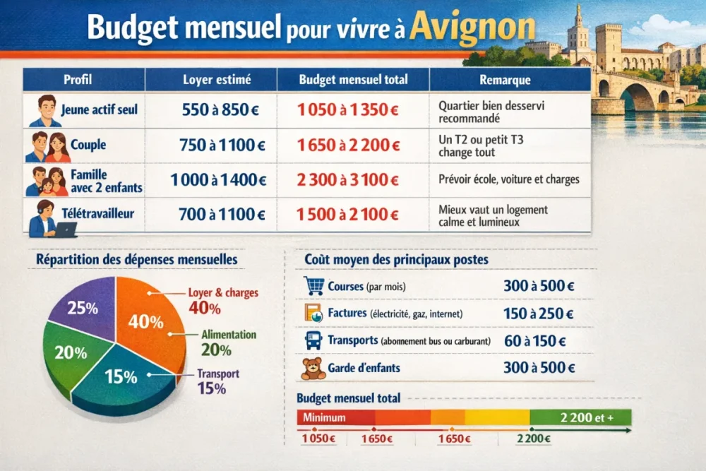 Budget vie Avignon selon le profil avec loyer, charges et mobilité