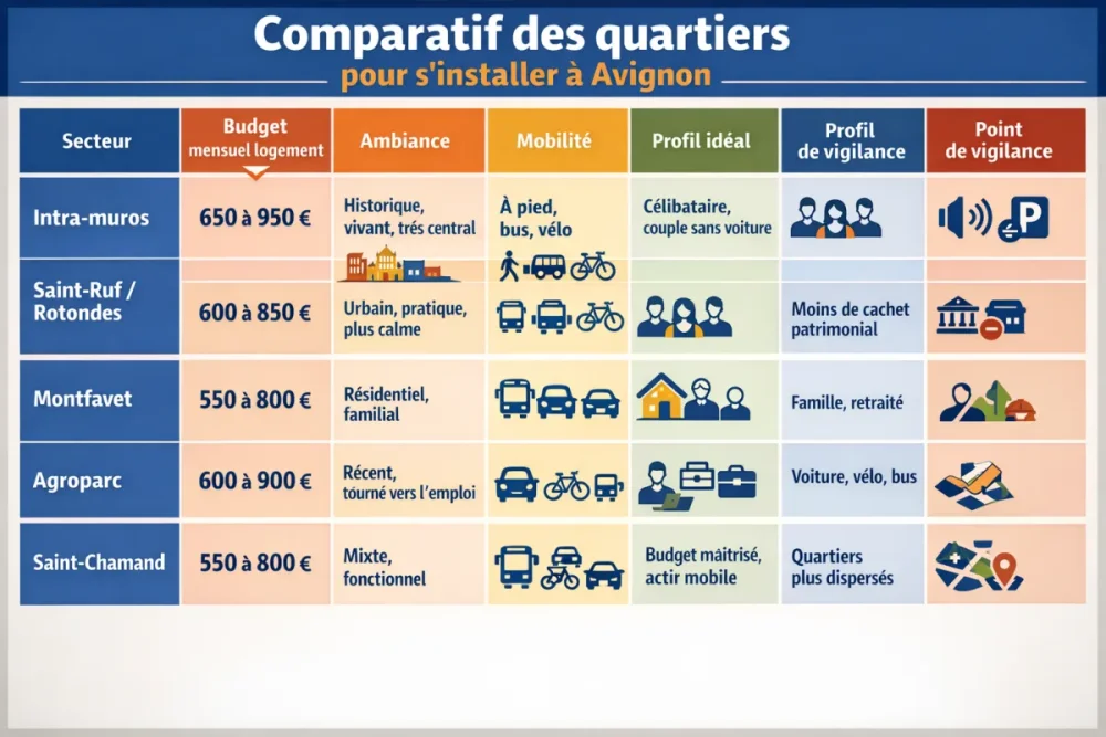 Comparatif des quartiers d'Avignon avec budget mensuel et mobilité pour s'installer à Avignon