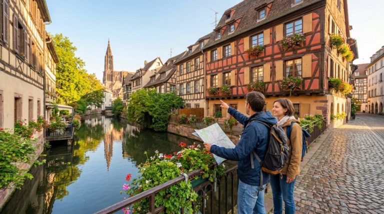 Un couple consulte une carte sur un pont de la Petite France à Strasbourg, devant des maisons à colombages, un canal et la cathédrale.