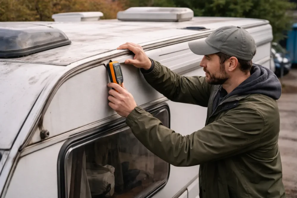Contrôle d’un camping-car d’occasion avant achat, avec vérification de l’humidité et des joints