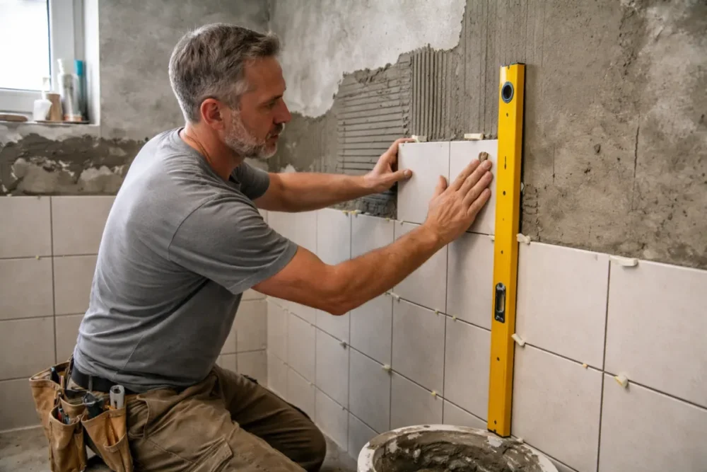 Photo réaliste d’une pose de carrelage mural dans une salle de bain avec niveau et croisillons