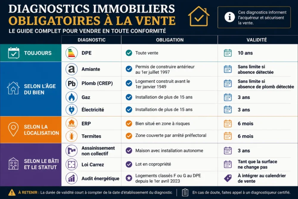 Infographie sur les diagnostics obligatoires à la vente selon l'âge, la localisation et la copropriété