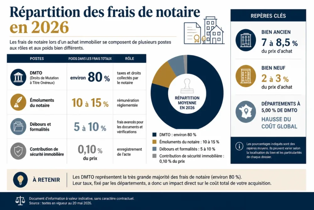Infographie sur la répartition des frais de notaire 2026 entre DMTO, émoluments du notaire, débours et CSI
