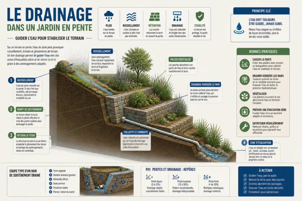 Schéma du drainage jardin dans un jardin en pente avec ruissellement, muret de soutènement et zone d’évacuation