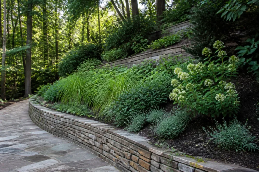Photo réaliste d'un jardin en pente avec plantes stabilisatrices, muret de soutènement et chemin en paliers