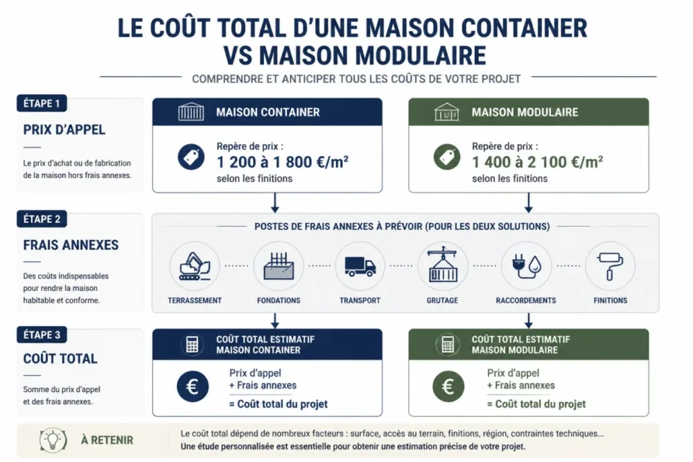 Schéma comparatif du coût total d’une maison container et d’une maison modulaire avec les postes de dépenses clés