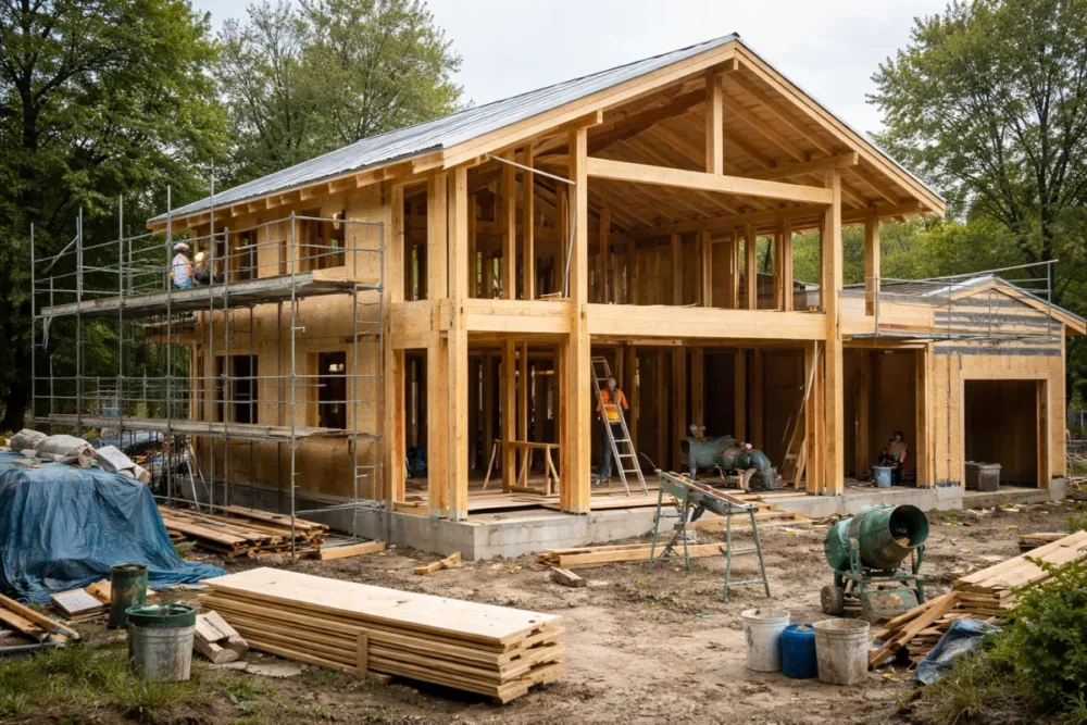 Maison à ossature bois en chantier, illustrant la rapidité de construction et le chantier bois