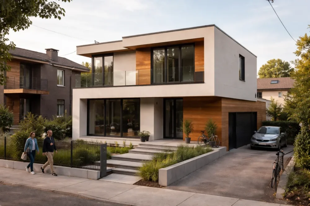 Maison à toit plat contemporaine avec grandes baies vitrées et volumes épurés, illustrant l’architecture moderne