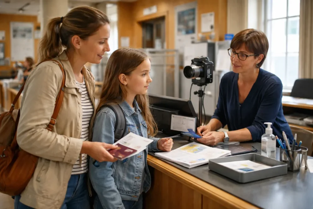 Parent et enfant au guichet d’une mairie pour un passeport mineur
