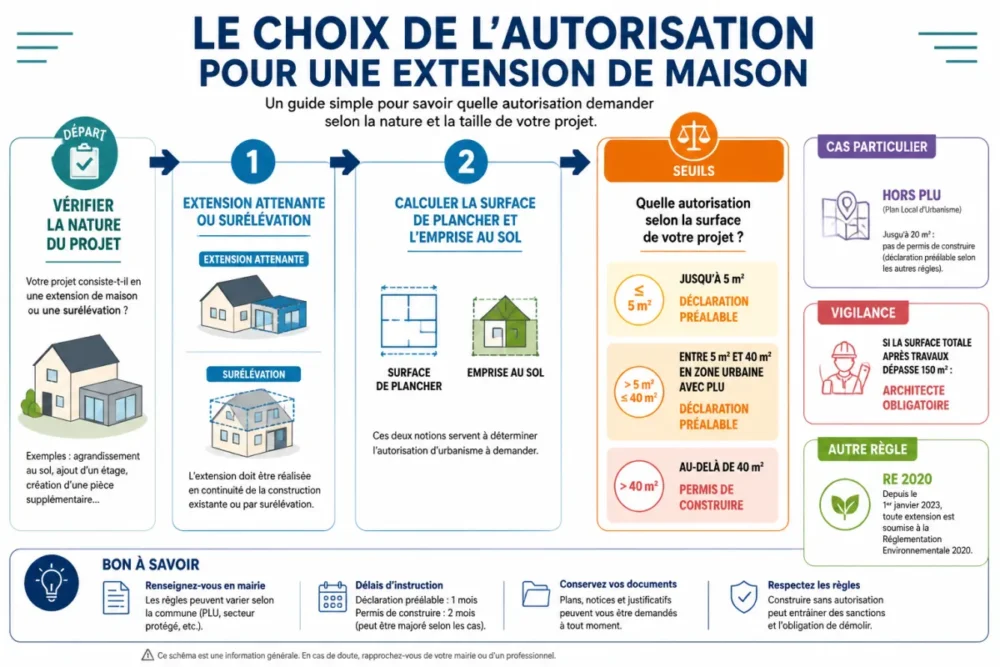 Schéma des seuils du permis extension maison selon la surface et le PLU