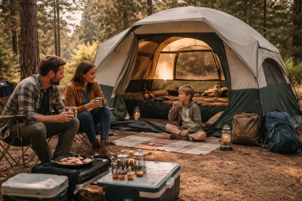 Famille dans une tente familiale 4 places au camping, avec espace de vie et équipement visible