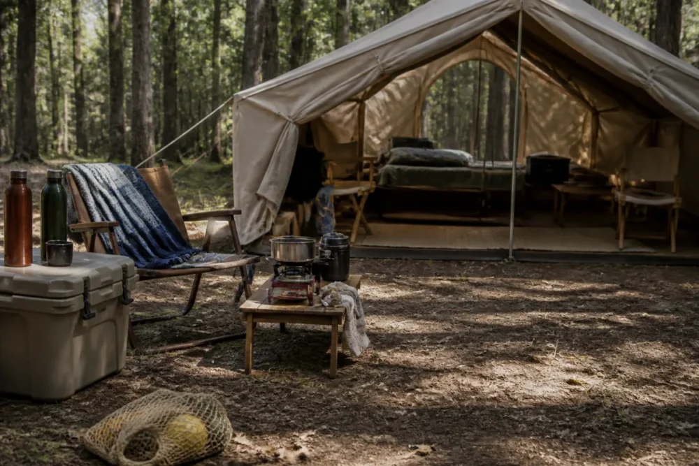 Campement d’été avec tente aérée, glacière et accessoires de camping légers