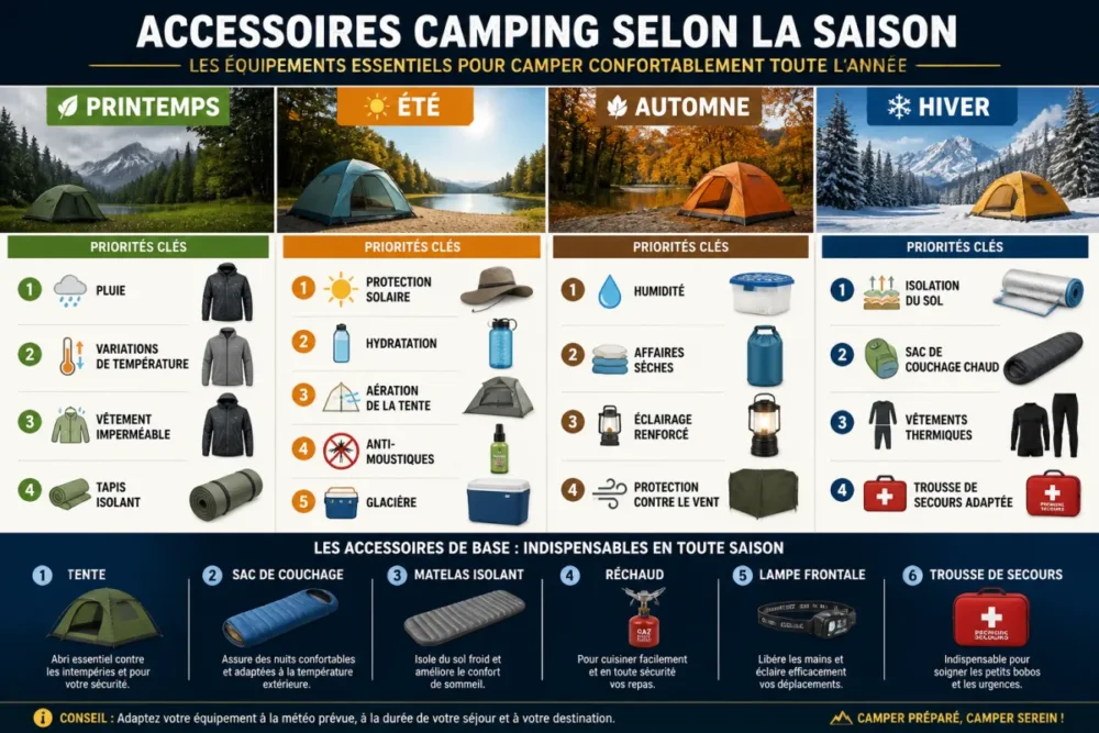 Infographie des accessoires camping selon la saison et les priorités d’équipement