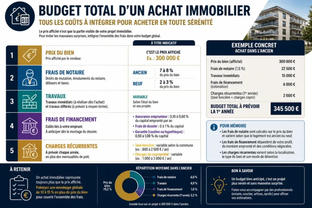 Infographie budget total achat immobilier : prix, frais de notaire, travaux, charges et assurance