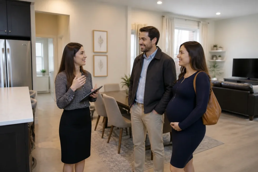 Visite d'un bien immobilier avec carnet de notes et contrôle des points techniques