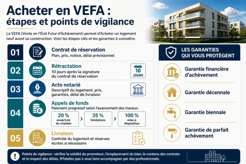 Schéma des étapes pour acheter en VEFA et suivre les appels de fonds