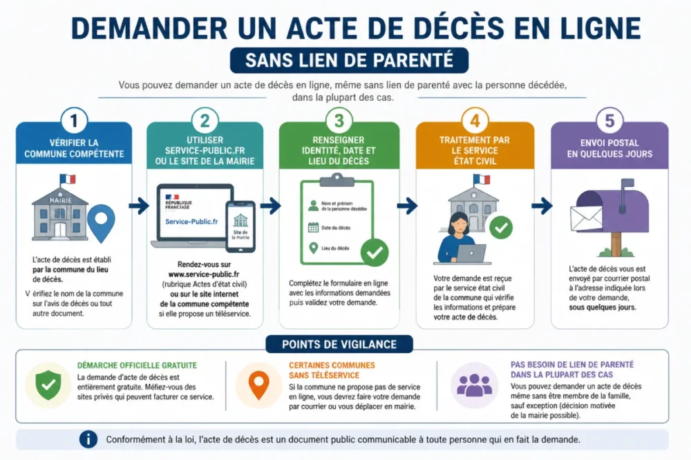 Schéma du parcours pour demander un acte de décès en ligne sans lien de parenté
