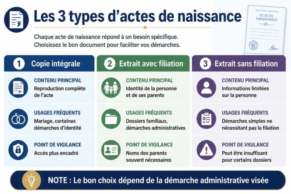 Infographie comparant les trois types d’acte de naissance en ligne selon la démarche