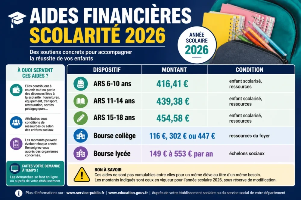 Infographie des montants des aides financières scolarité 2026 par dispositif