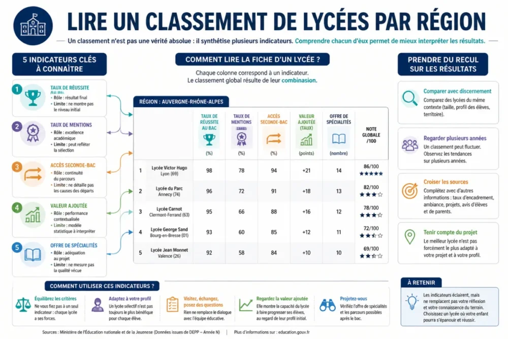 Schéma des indicateurs de performance pour analyser un classement de lycées par région