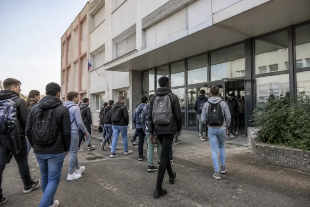 Photo réaliste d’un lycée urbain français illustrant les écarts territoriaux dans les classements