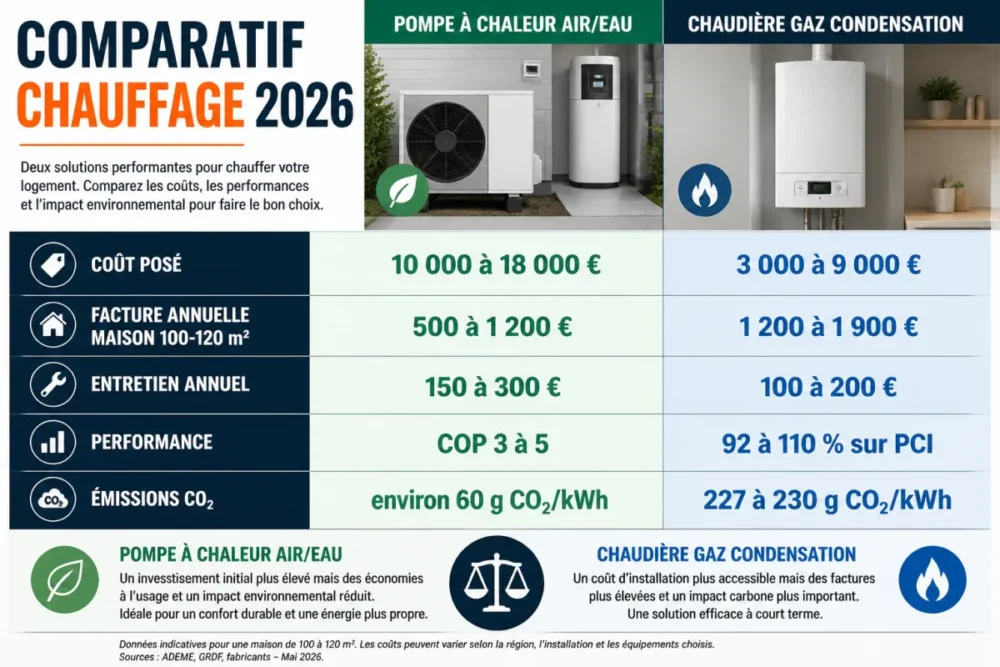 Infographie comparative des coûts chaudière gaz et pompe à chaleur air-eau en 2026