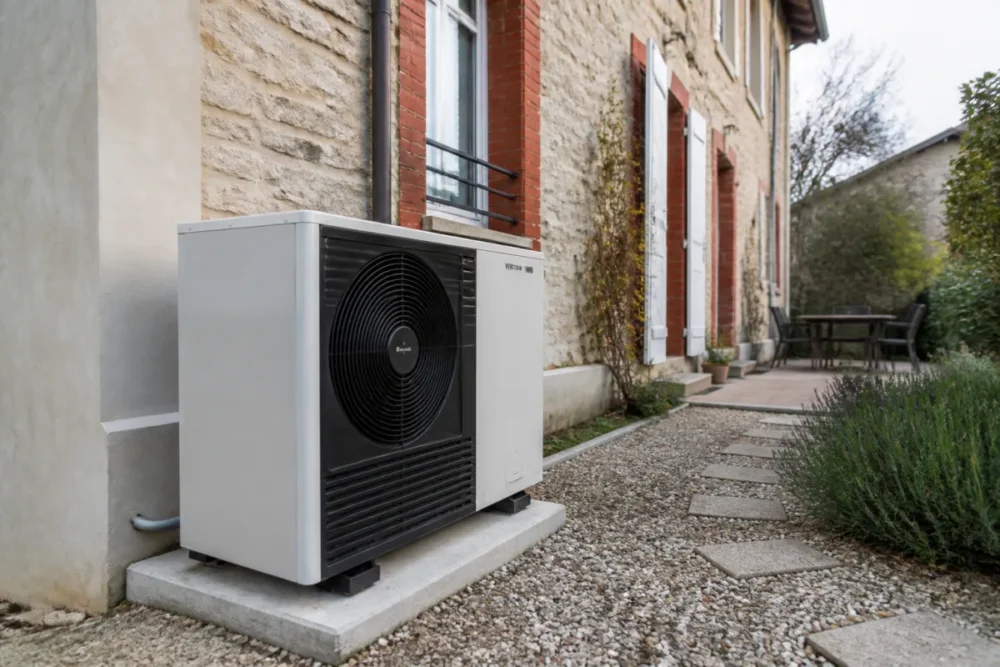 Installation extérieure d'une pompe à chaleur air-eau près d'une maison individuelle en rénovation énergétique