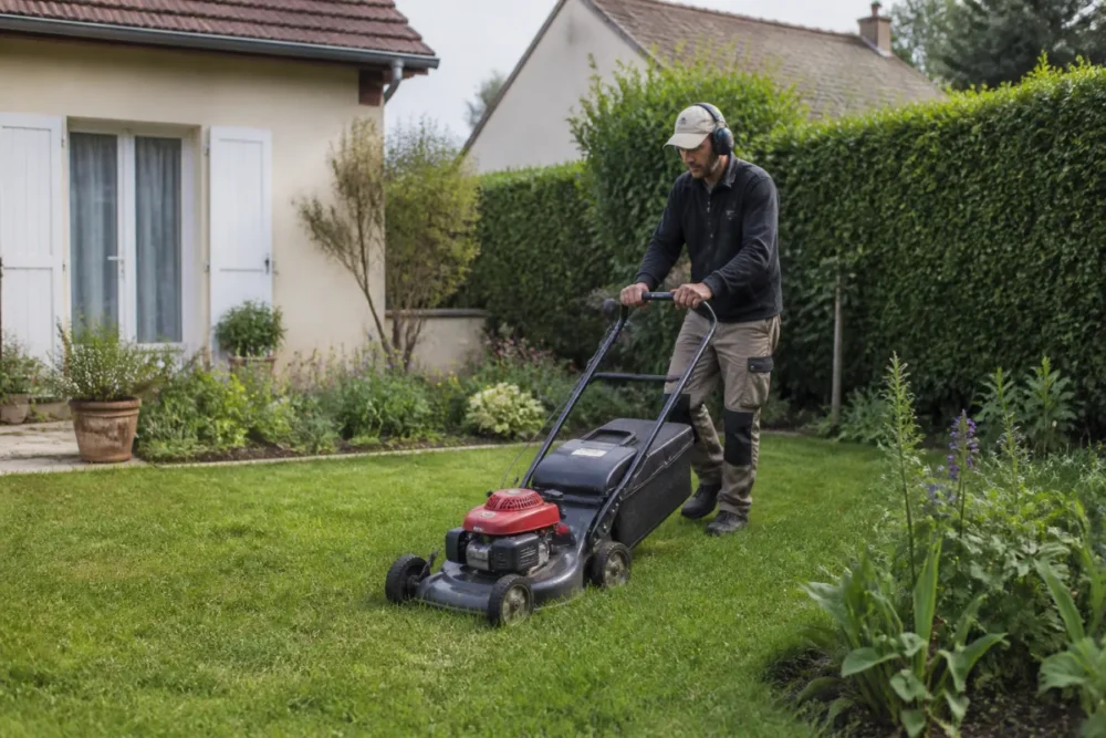 Home gardener mowing a lawn in a family garden